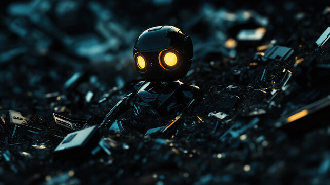 Lonely Sci-Fi Robot with Glowing Eyes in a Cyberpunk E-Waste Junkyard | 3D Digital Art