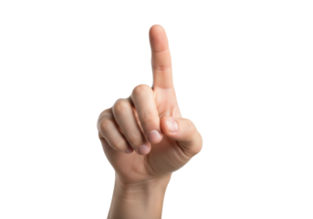Young adult Caucasian male hand, fair skin, index finger pointing forward, against a transparent background with copy space, showcasing precise interaction concept for technology
