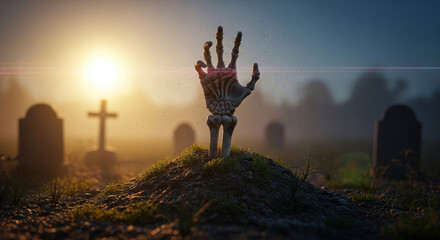 Undead skeleton hand rising from grave at sunrise, eerie and mysterious atmosphere, graveyard with tombstones and cross, horror and fantasy concept