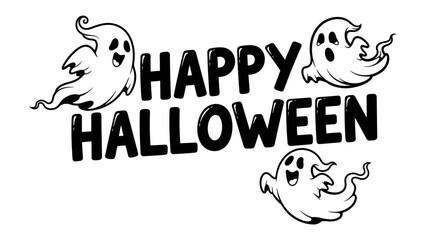 Happy Halloween: The words Happy Halloween float amidst a friendly ensemble of cartoon ghosts, embodying the playful spirit of the holiday.