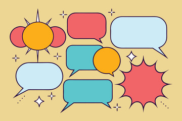 Retro Style Speech Bubbles and Thought Clouds with Sparkles on Beige Background