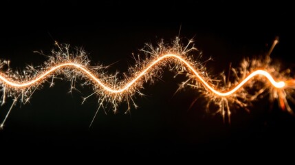 Sparkling Light Trail Forming Wavy Pattern Against Dark Background Capturing Dynamic Energy and Movement in Abstract Style