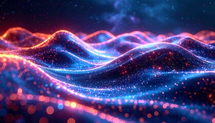 Abstract wavy digital landscape of glowing particles