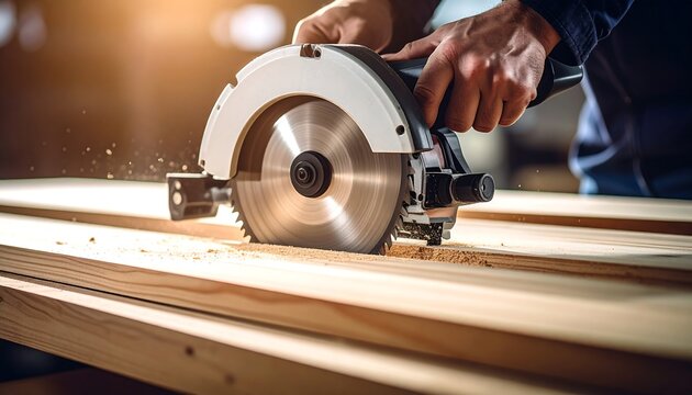 Craftsman using circular saw cuts wood