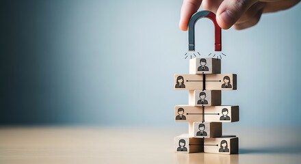 Horseshoe magnet attracting wooden blocks with people icons for recruitment concept pulling