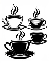 Obraz premium Four coffee cups, monochrome style, steam rising