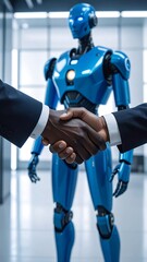 Business handshake with a robot in a futuristic setting