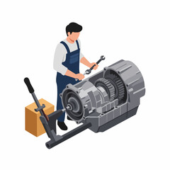 Isometric Detailed Mechanic Examining Transmission of Vehicle Auto Repair Illustration