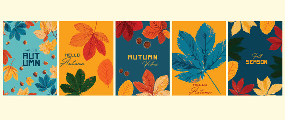 Naklejka premium Autumn Leaves Vector Card Set. Fall Season Illustration.