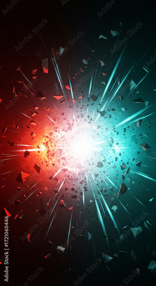 Poster exploding energy abstract light burst red and blue glowing shards dynamic motion futuristic digital 