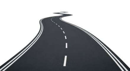 Ultra-realistic UHD photo of a solitary dark grey asphalt winding road with white lines, receding into a plain white background, shadowless studio light. Geometric perfection concept