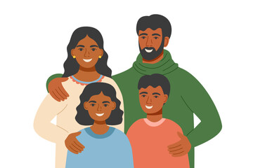 Illustration of family with two children isolated on white background. Father, mother, daughter, son. Family concept. Vector flat clipart.