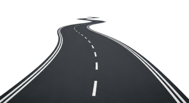 Ultra-realistic UHD photo of a solitary dark grey asphalt winding road with white lines, receding into a plain white background, shadowless studio light. Geometric perfection concept