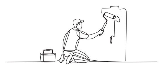 Continuous one line drawing of worker painting with roller brush. one line Icon drawing with white background