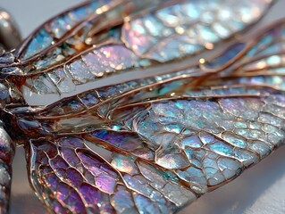 幻想的なトンボの羽と宝石のような透明装飾｜Iridescent dragonfly wing, jewel texture, fantasy close-up detail