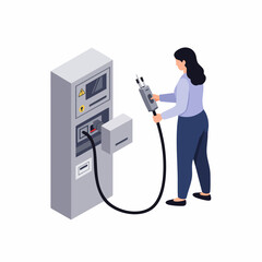 Isometric Woman Using Public Electric Car Charger Station Illustration