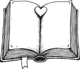 Open Book with a Heart: An open book, illustrated with clean lines and a heart-shaped cut-out, inviting viewers to delve into stories and embrace knowledge and share affection.