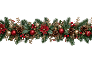 Festive Christmas garland decoration with pine cones poinsettias and baubles.