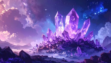 Vast landscape,  glowing amethyst crystals
