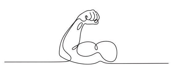 Arm shows bicep fist. Continuous one line vector, Man's hand shows a fist on the biceps in line style. one line Icon drawing with white background