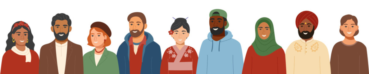 Portraits of men and women of different ethnicities in traditional clothing. Concept of equality, inclusion, cultural diversity, friendship. Vector template banner in a flat style.