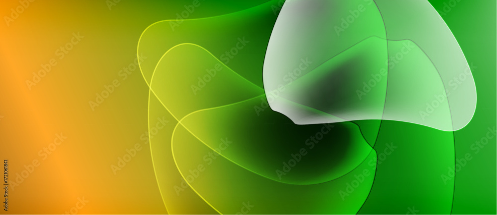 Poster abstract gradients blend orange, yellow, green hues. soft shapes overlap creating luminous effect. s
