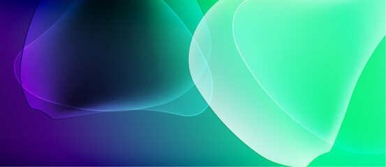 Abstract fluid shapes blend vibrant purple, teal, green hues. Soft gradients create dynamic visual flow. Minimalist design.