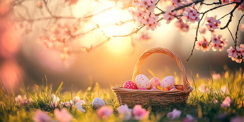 Colorful Easter Eggs in Basket Under Spring Blossom Tree
