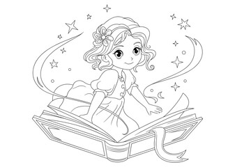 Magical journey of a young girl on a flying book surrounded by stars, black and white line art