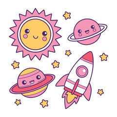 Adorable kawaii style space scene featuring a smiling sun planet rocket ship and stars in pink and yellow colors