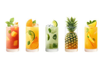 Fototapeta premium Colorful assortment of refreshing fruit drinks with ice and garnishes, cut out