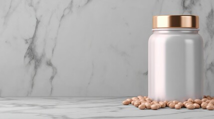 Elegant white jar with gold lid on marble surface, surrounded by decorative stones for modern home decor