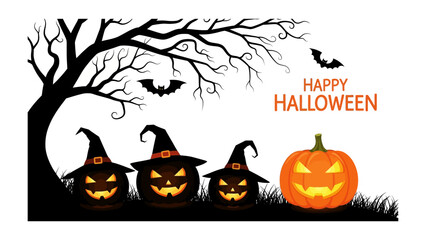 Spooky Halloween Festivities: A vibrant Halloween-themed graphic with carved pumpkin heads, witches' hats, bats silhouette.