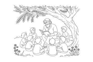 A Storyteller Reads to Children Under a Tree, Black and White Illustration