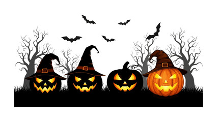 Halloween Pumpkin Scene: A spooky Halloween scene, featuring four carved pumpkins with lit faces wearing witch hats, silhouetted against barren trees and bats, creating an eerie ambiance.