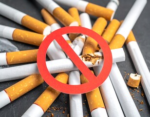 Cigarettes and a red prohibition symbol on a dark surface