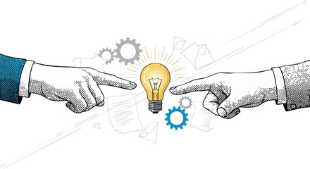 Illustration of two hands pointing at a light bulb, symbolizing collaboration and innovation.