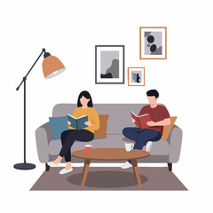 Modern Minimalist Couple Reading Book on Sofa in Living Room Illustration