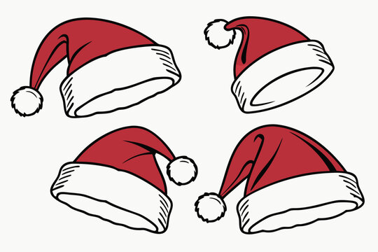Illustration of four santa hats with white trim and pom poms on a white background for christmas time | svg ,png & jpeg