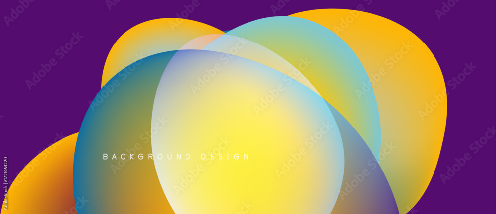 Poster abstract colorful shapes overlap, creating vibrant gradients. purple background enhances dynamic vis