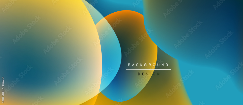 Poster abstract fluid shapes overlap, creating vibrant color gradients. background features text background