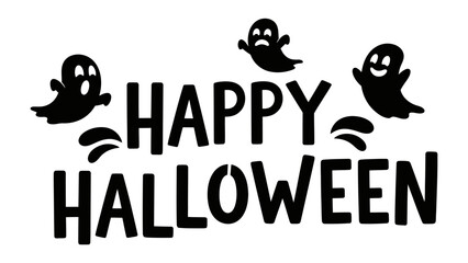 Happy Halloween Greeting: Spooky silhouettes of friendly ghosts dance around bold typography declaring Happy Halloween, perfect for seasonal greeting cards. 