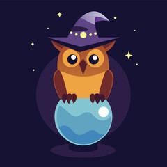Cute cartoon owl wearing a witch hat sitting on a glowing crystal ball under a starry night sky perfect for halloween themes
