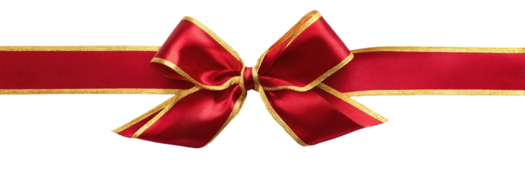 Elegant Red Satin Ribbon Bow with Gold Trim Isolated on White Background.