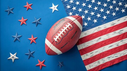 A football on a blue background is surrounded by the stars and stripes of the American flag. The image conveys the spirit of sports and national pride.