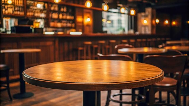 A wooden round table in a dimly lit bar creates a cozy atmosphere. The blurred background with a bar counter adds depth to the frame.