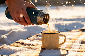Warm drink poured from thermos into mug on snowy winter picnic with snowflakes falling