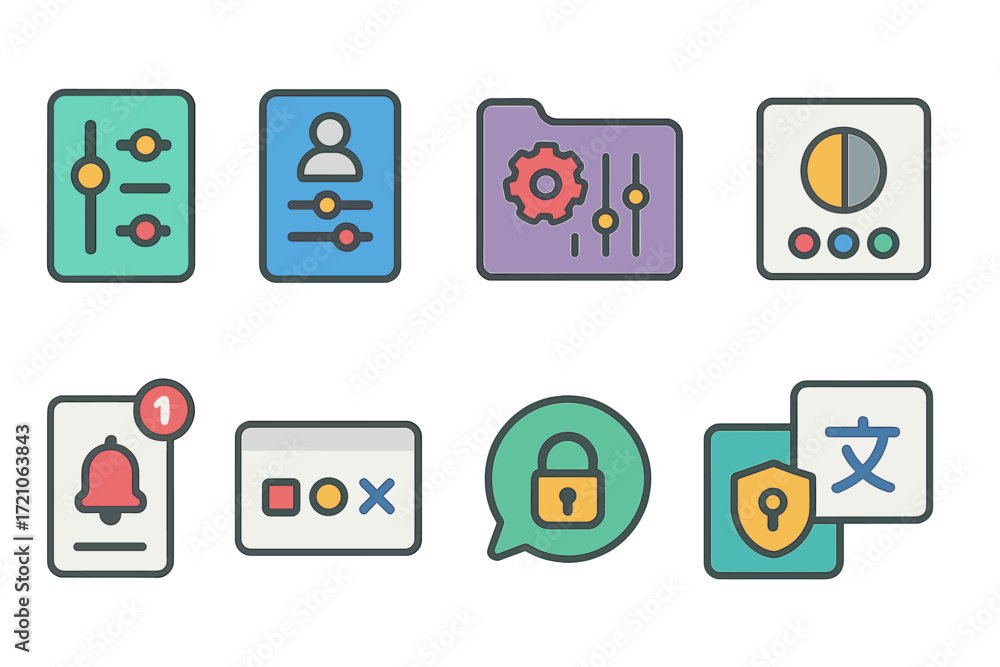 Poster settings and notifications icon set. colorful, flat design for user interfaces