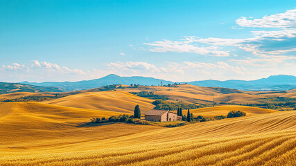 Obraz premium Peaceful Countryside Landscape with Golden Wheat Fields, Rolling Hills, Farmhouse and Windmill under Blue Sky