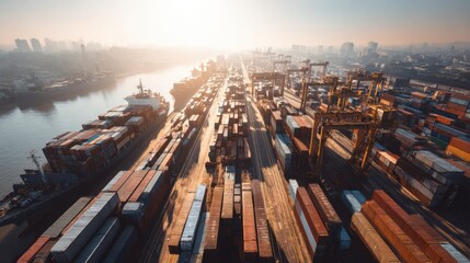 Aerial View of Industrial Port with Cargo Ships and Containers at Sunset Overlooking River in Urban Environment